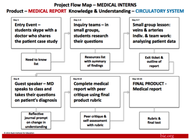 a project flow map for medical interns. The product is Medical Report.  The Knowledge and Understanding is Circulatory System