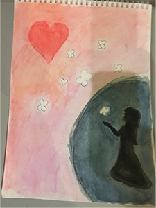 PBL project display: drawing of girl kneeling to a heart in the sky